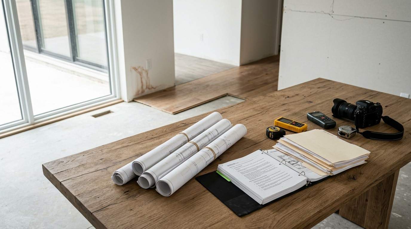 Construction inspection documents, blueprints, and measuring tools on a wooden table inside a partially finished home.