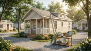 Small cottage-style park model home with maintenance tools, ladder, and landscaping in a well-kept residential community.