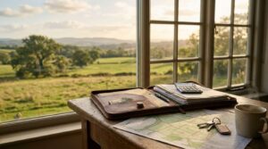 Land purchase planning documents, property map, and financial records overlooking rural acreage.