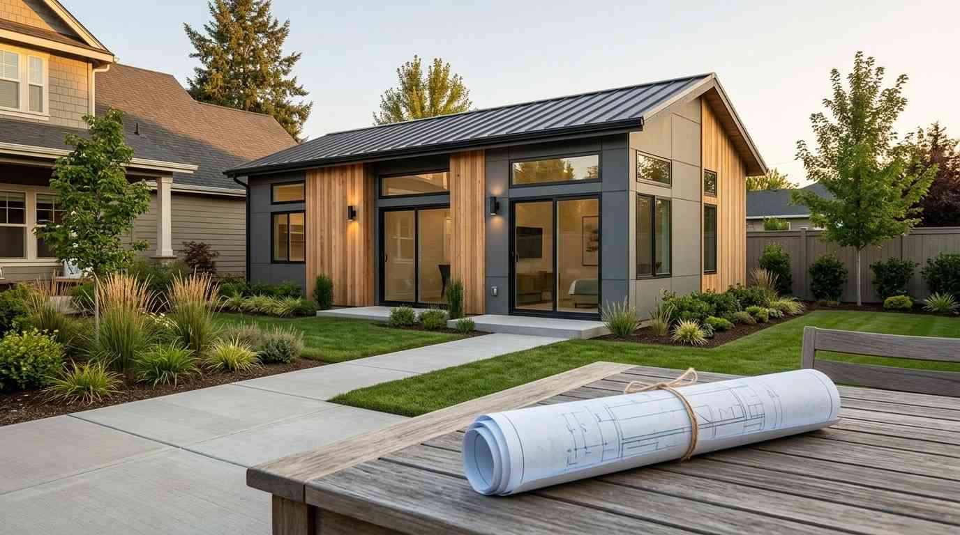 Modern backyard ADU with contemporary wood-and-metal exterior, landscaped yard, and rolled architectural plans on a foreground table.