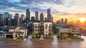 Scale models of a single-family home, apartment building, and modern house displayed against a city skyline at sunset, illustrating residential housing options, urban development, and real estate investment opportunities.