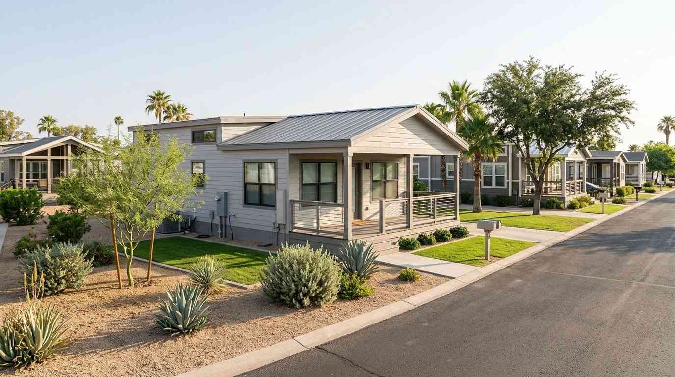 Modern park model home in a landscaped residential community with desert-friendly plants and paved streets.