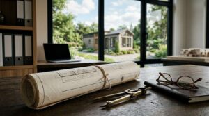 Architectural plans and drafting tools on a desk overlooking a park model home.