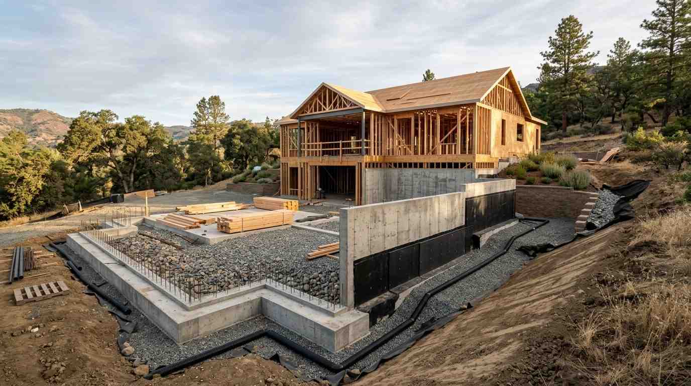 Hillside home construction with engineered concrete retaining walls, drainage systems, and elevated wood framing structure