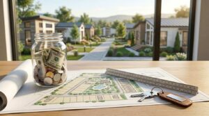 Savings jar, site plan, ruler, and house keys on a table overlooking a modern park model home community.