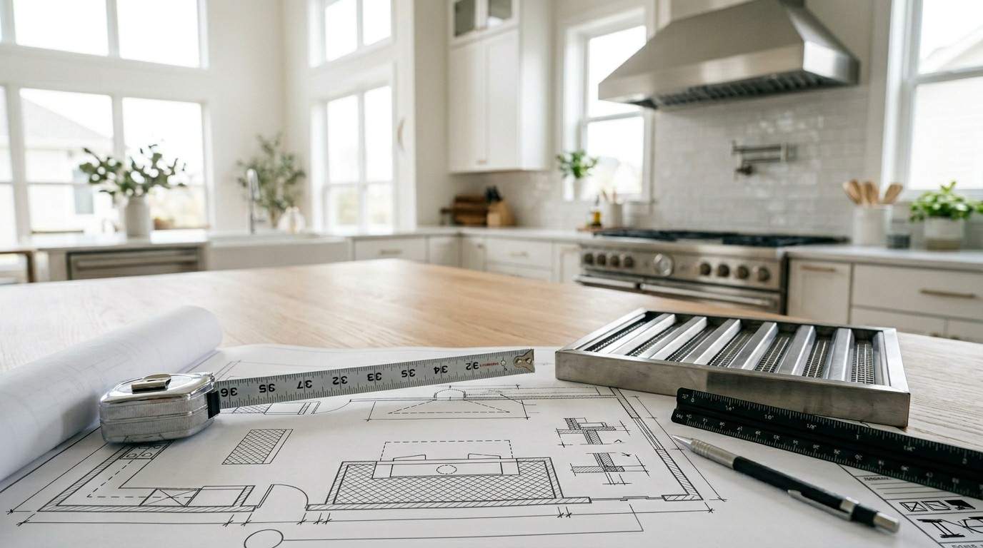 Kitchen renovation plans with measuring tape, vent grille, ruler, and blueprint layout on a countertop in a bright modern kitchen.