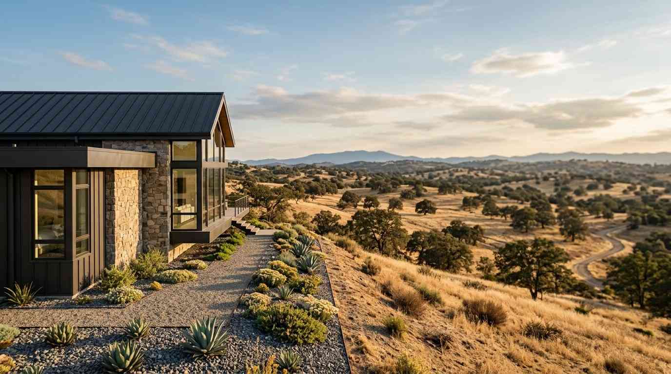 Modern hillside home with drought-tolerant landscaping overlooking rolling countryside, illustrating site selection and scenic property placement.
