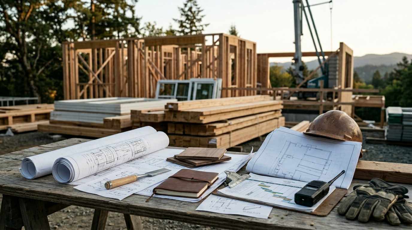 House framing under construction with blueprints, tools, and safety gear laid out on a jobsite workbench.