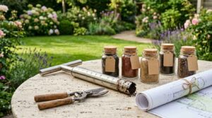 Soil testing equipment and landscaping plans on a garden patio table.