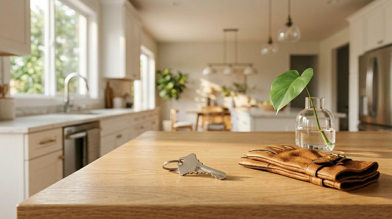 House keys and a brown leather wallet resting on a wooden kitchen island beside a glass vase with a green leaf in a bright, modern home interior filled with natural sunlight.