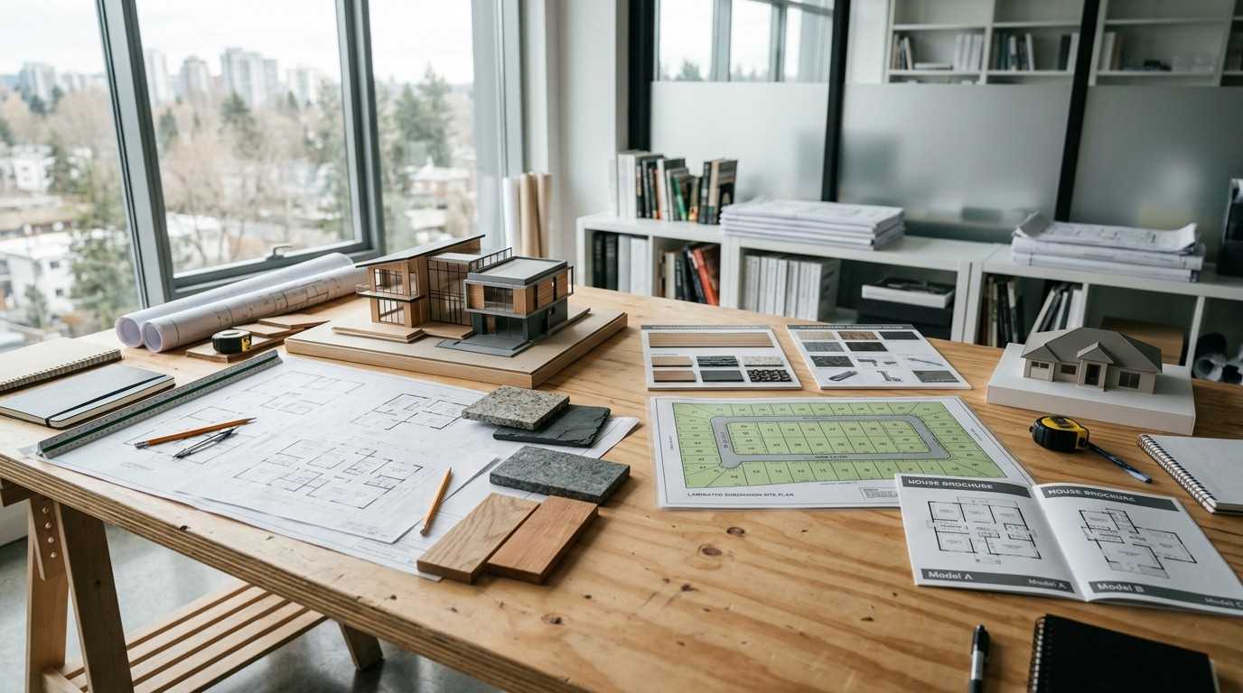 Home building project plans, architectural models, and material samples displayed on a design studio workspace.