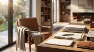 Home office workspace with organized documents, notebooks, and a leather chair in a modern living room.