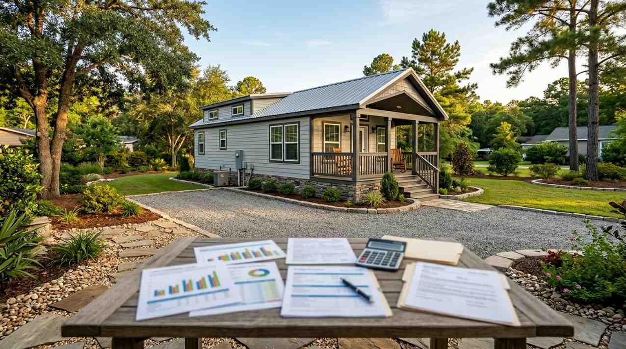 Park model home with front porch, landscaped yard, and financial documents on a table in the foreground.