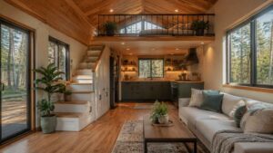 Cozy tiny house interior with loft bedroom, staircase storage, and modern kitchen.