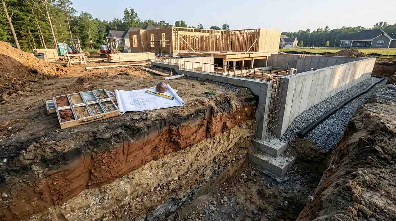 Foundation excavation showing soil profile layers, retaining wall construction, drainage installation, and residential framing in progress