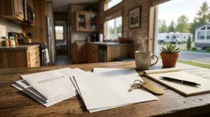 Paperwork, keys, and notes inside a park model home, representing legal residency and ownership requirements.