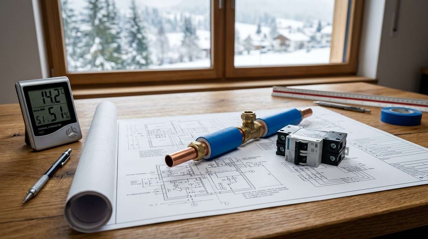 Cold-climate home MEP design plans with insulated plumbing, electrical breaker, humidity monitor, and construction blueprints beside a snowy window.