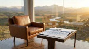 Savings jar, site plan, ruler, and house keys on a table overlooking a modern park model home community.