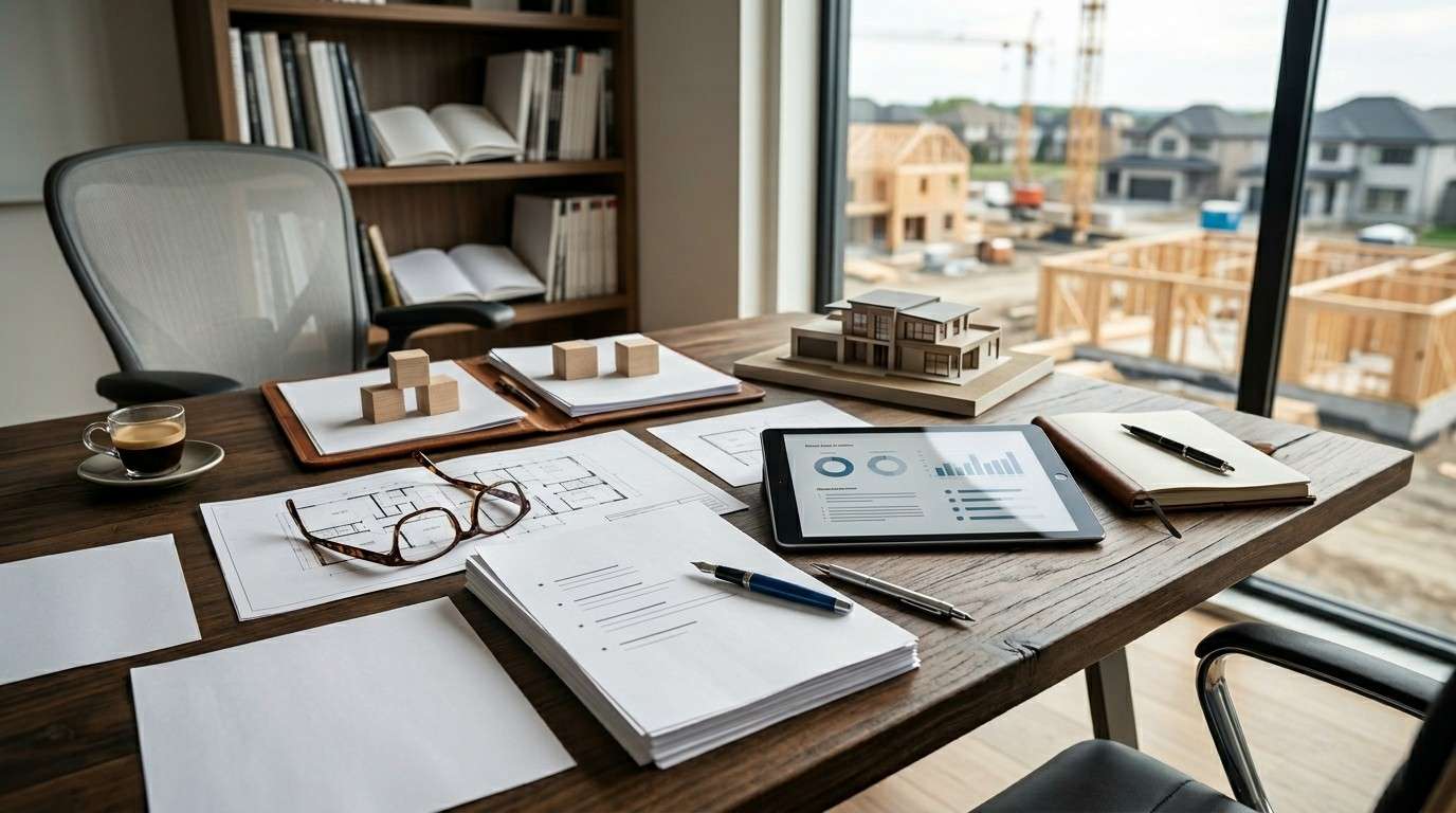 Construction planning workspace with blueprints, reports, and a tablet overlooking a residential development site.