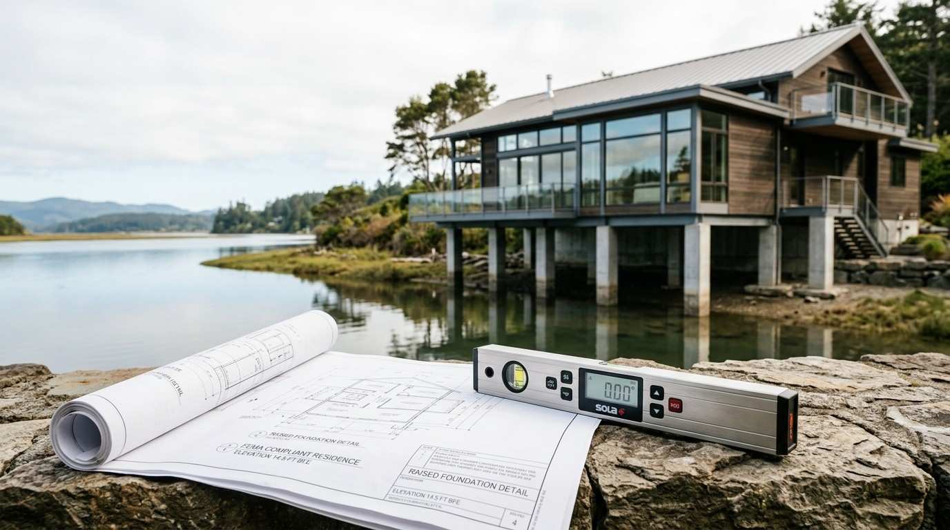 Construction plans and a digital level in the foreground with an elevated waterfront home on pilings, illustrating flood-zone building requirements and foundation planning.