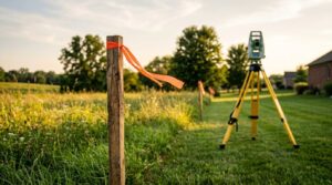 Land survey markers and surveying equipment outlining a property boundary.