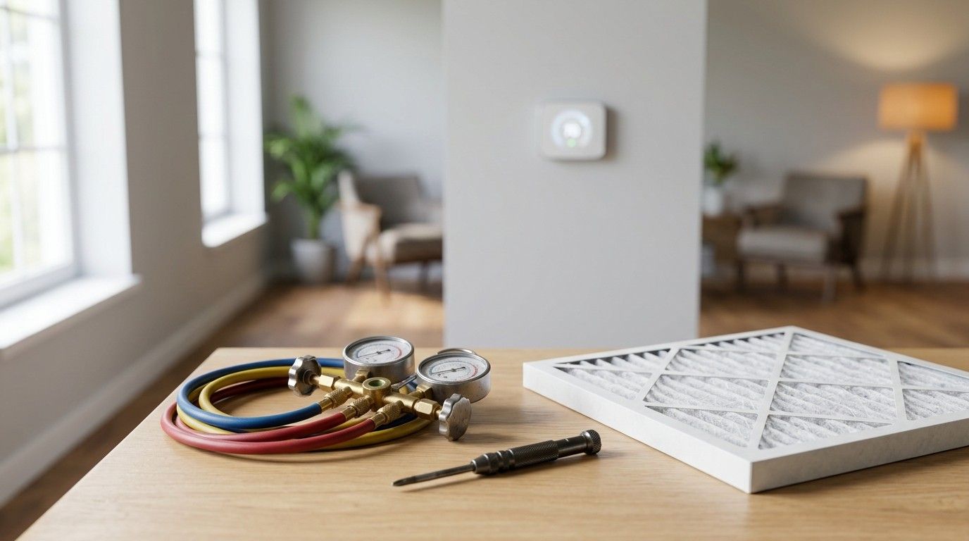 HVAC service gauges, screwdriver, and air filter on a table inside a modern home.