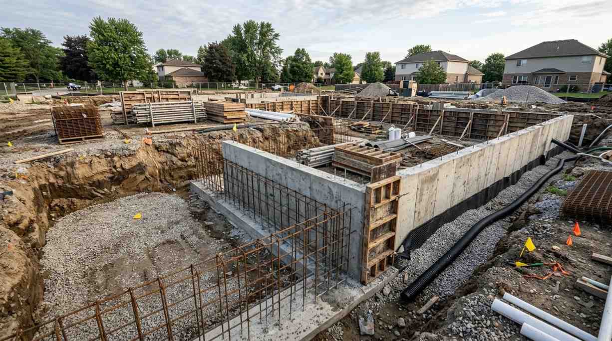 Residential foundation construction with concrete basement walls, drainage installation, excavation, and structural reinforcement in progress