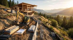 Hillside home construction site with excavator, foundation work, and mountain valley views.