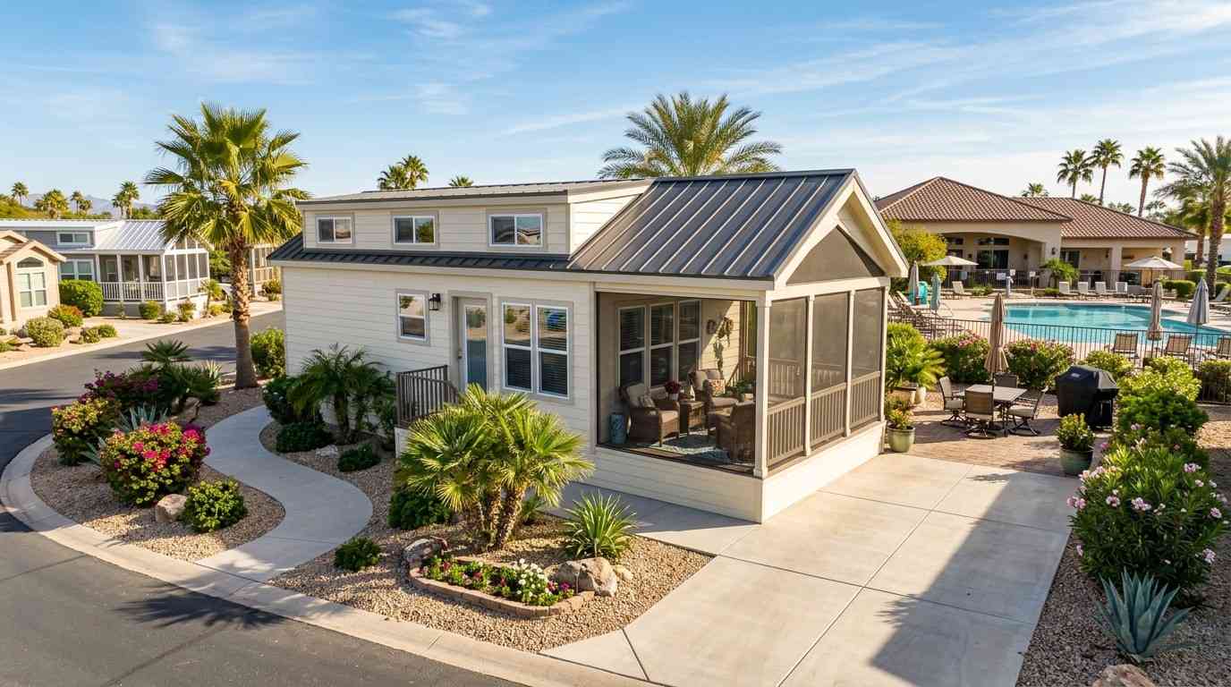 Park model home with screened porch, desert landscaping, and resort-style pool amenities nearby.