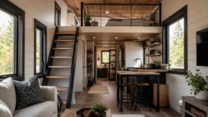 Cozy modern tiny house interior with loft bedroom, black staircase, compact