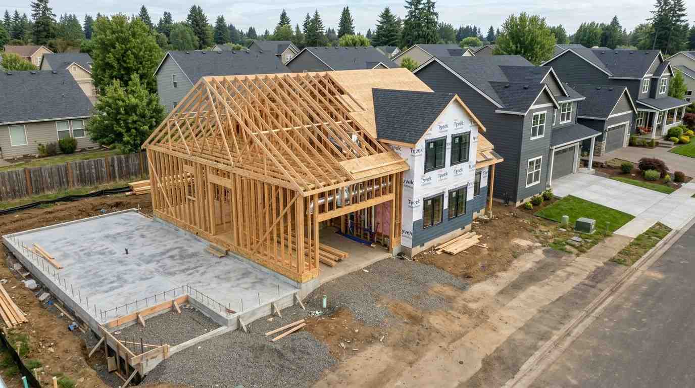 House under construction showing foundation, framing, and exterior progress in a residential neighborhood.