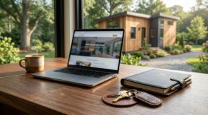 Laptop, keys, and planner beside a park model home, representing financing and ownership options.