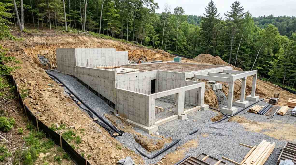 Concrete hillside home foundation with retaining walls, structural columns, and drainage systems under construction