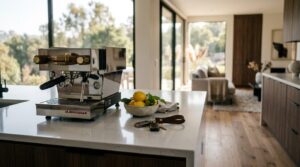 Espresso machine, lemons, and house keys on a modern kitchen island in a park model home.
