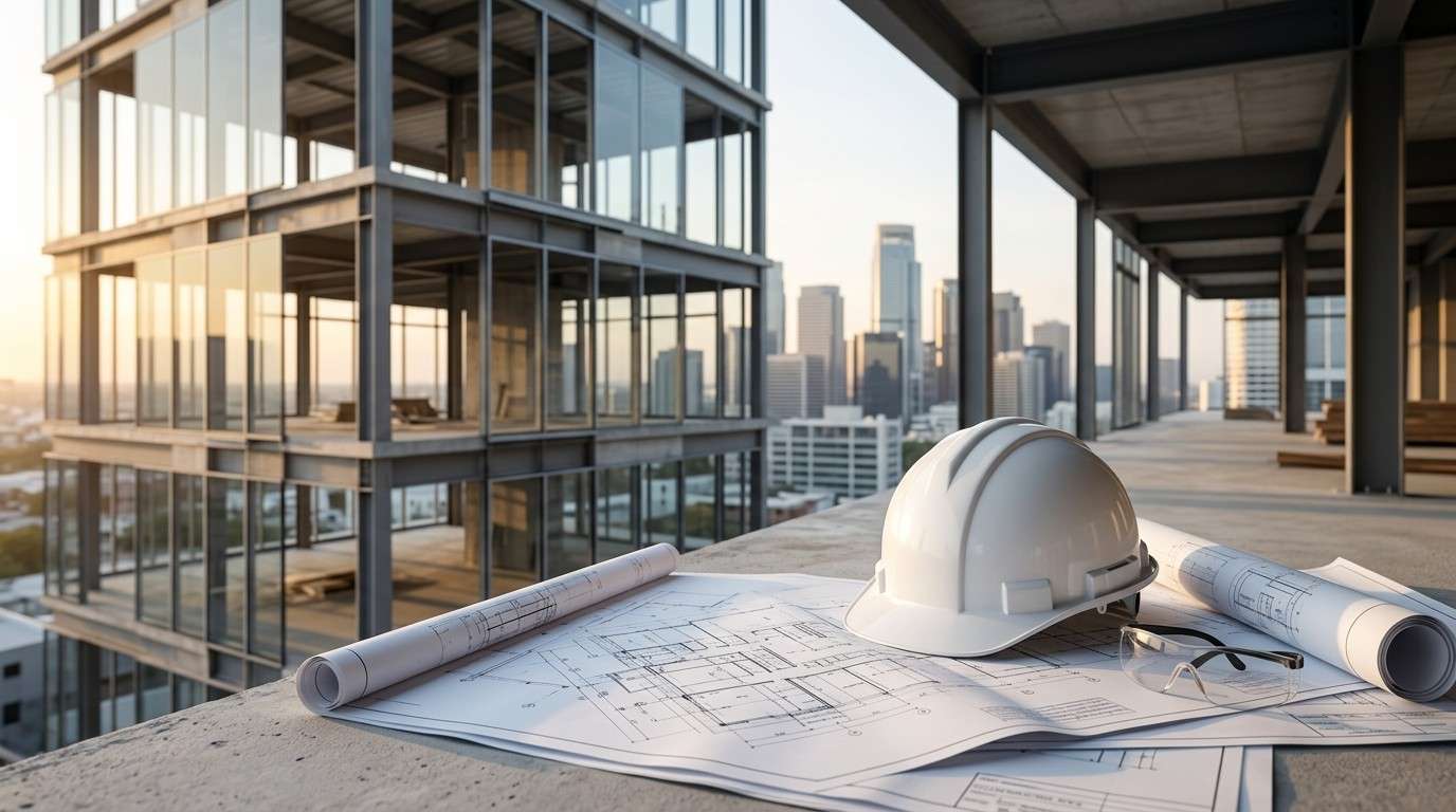Hard hat and architectural plans on a high-rise construction site with a city skyline in the background.
