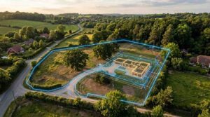 Aerial land survey with property boundary and site plan overlay.