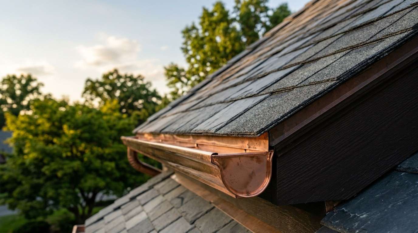 Close-up of a copper gutter on a sloped roof, surrounded by green trees under a clear sky during sunset.