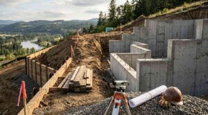 Concrete retaining wall and foundation construction on a sloped hillside building site.
