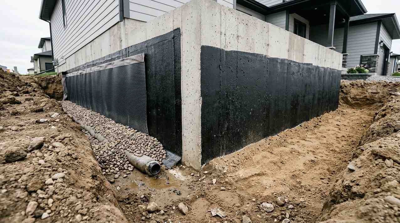 Foundation waterproofing system with drainage membrane, perimeter drain tile, and gravel backfill around concrete basement wall