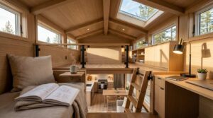 Warm wood-clad tiny home loft with skylight, built-in desk, ladder access, cozy seating area, and compact kitchen below.