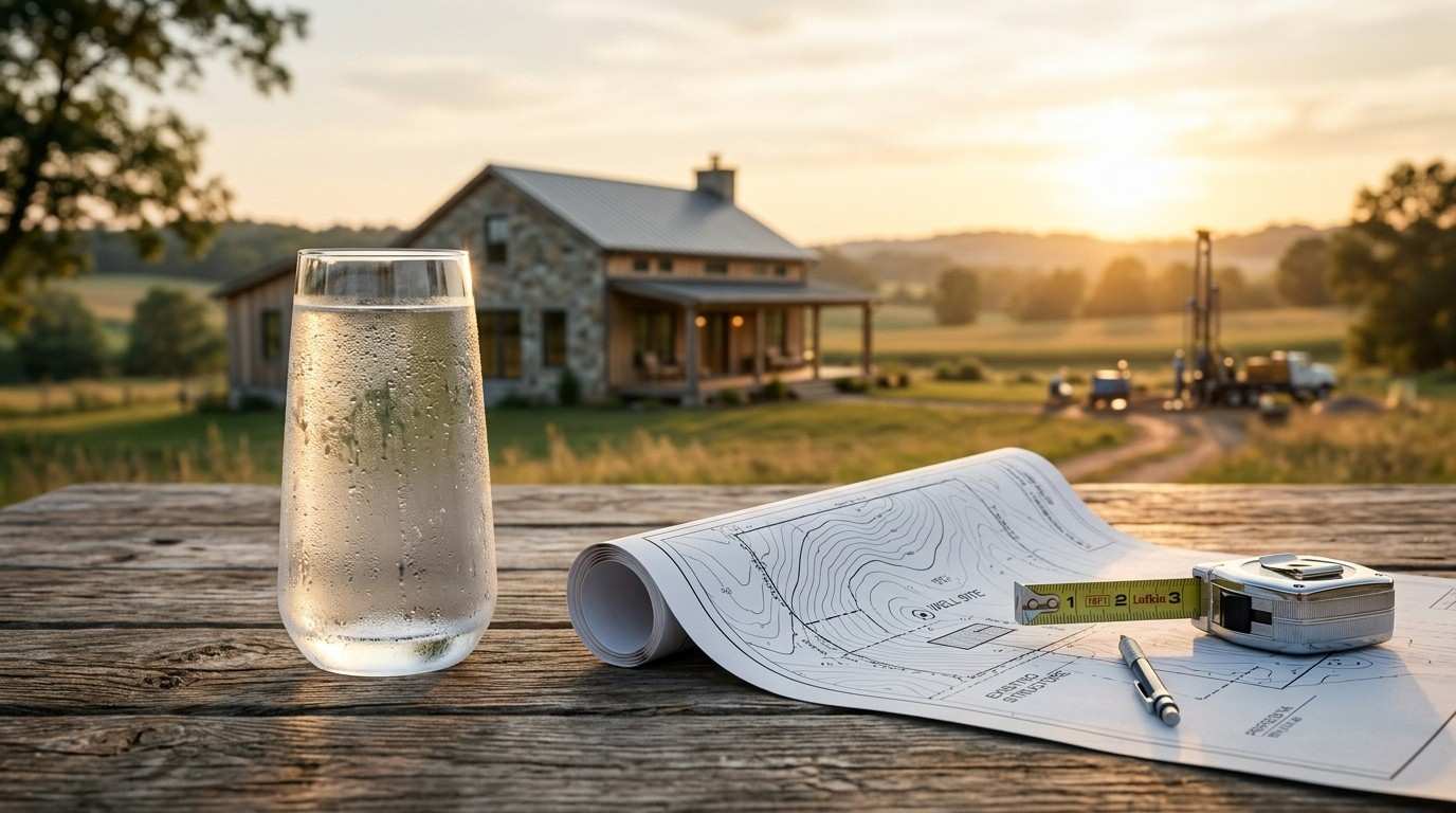 Water well site planning documents, measuring tools, and a glass of water on a table overlooking a rural home and drilling site at sunset.