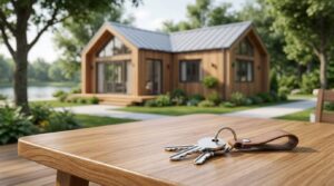 Keys on a table with a park model home in the background, symbolizing home financing and ownership.