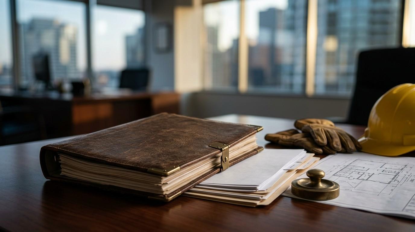 Construction licensing and compliance documents with a hard hat and blueprints on an office desk.