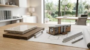 Park model home design mockup with floor plans, material samples, ruler, and pen on an architect’s desk.