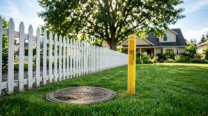 Utility easement marker and access cover in a suburban residential yard.