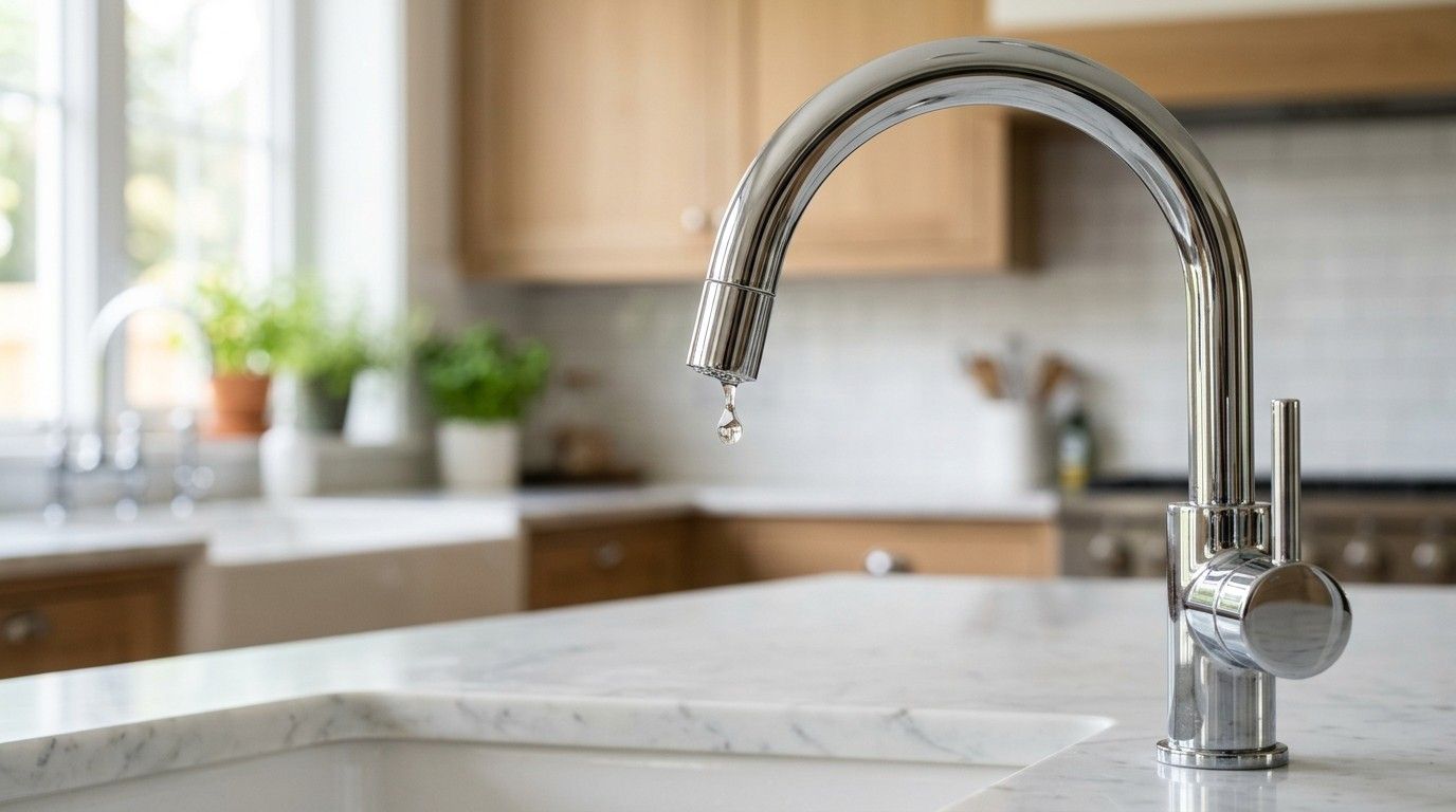 Modern chrome kitchen faucet with a water droplet above a marble countertop.