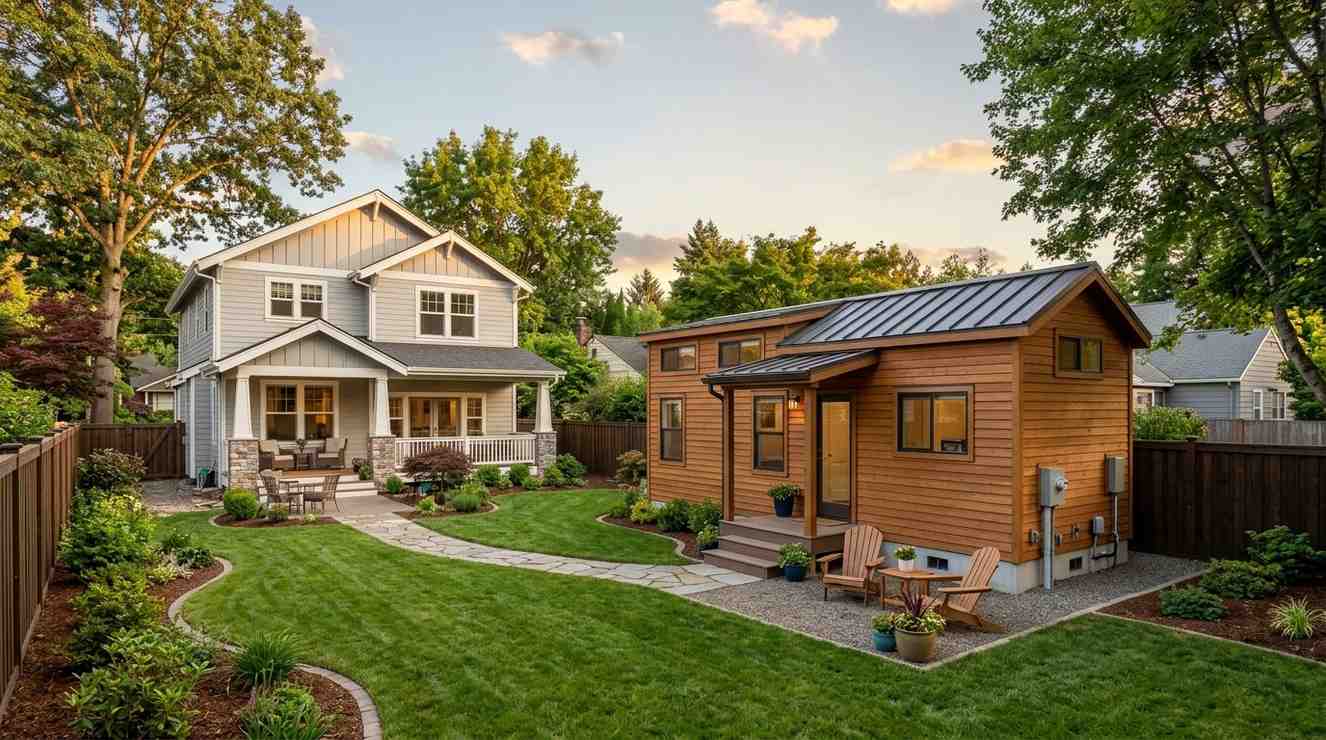 Park model home ADU in a landscaped backyard beside a larger main house.
