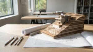 Architectural model of a hillside home design with site plans and drafting tools.