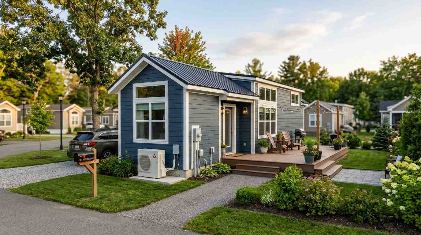 Blue park model home with a front deck, landscaped yard, and community-style neighborhood setting.