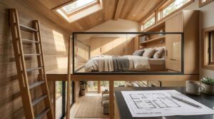 Warm wood-clad tiny home loft with skylight, built-in desk,